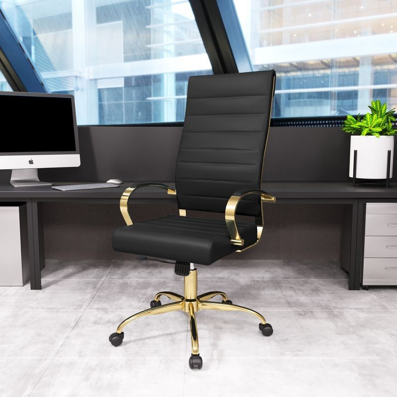 LeisureMod Benmar High-Back Leather Office Chair with Gold Frame Black in Room