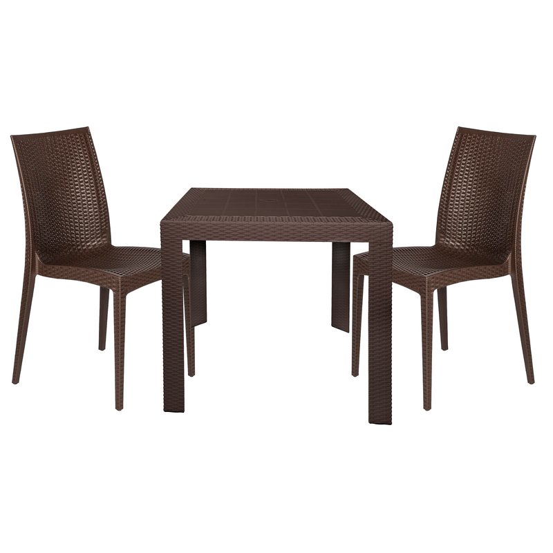 LeisureMod Mace 3-Piece Outdoor Dining Set with Plastic Square Table and 2 Stackable Chairs with Weave Design Brown