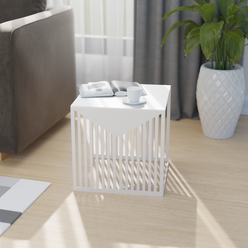 LeisureMod Cisco Modern Square Steel Side Table with Powder Coated Finish White in Room.