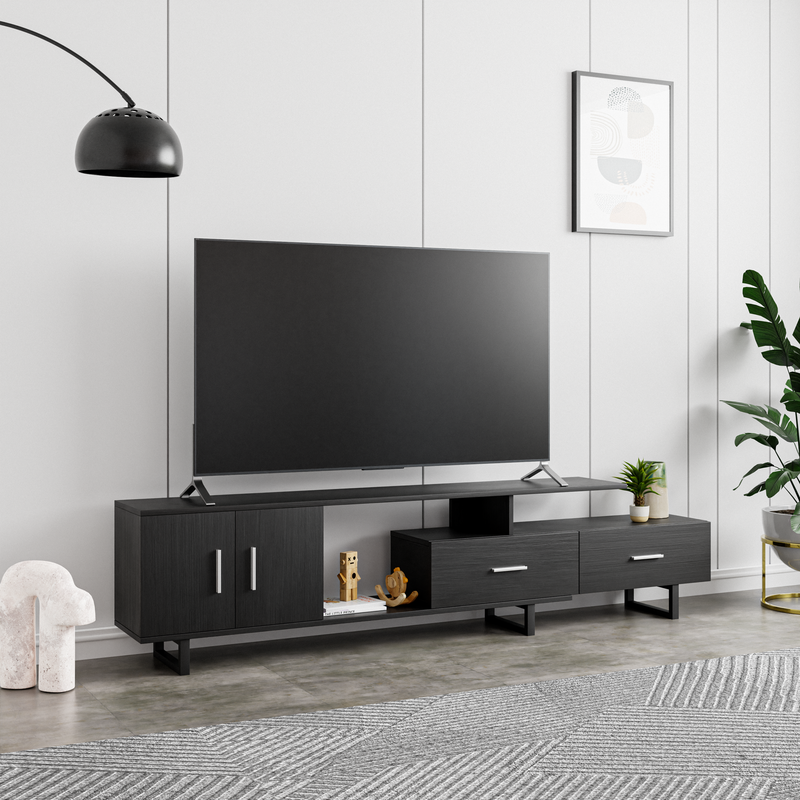 LeisureMod Avery Mid-Century Modern TV Stand with MDF Cabinet and Powder Coated Steel Legs Phantom Grey in Room.