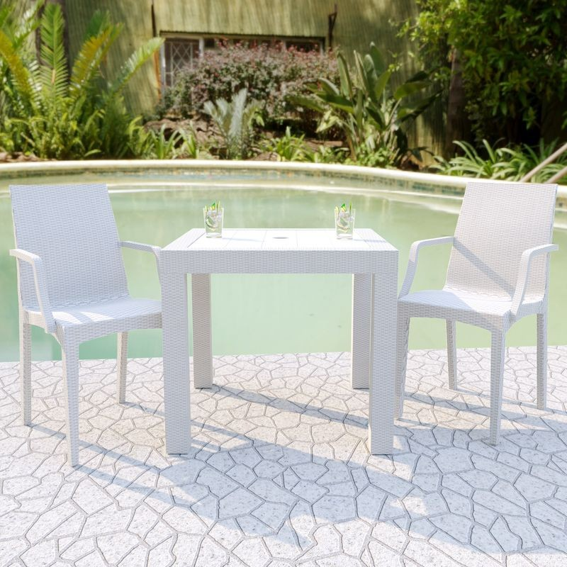 LeisureMod Weave Mace Indoor/Outdoor Chair (With Arms) White. at Table.