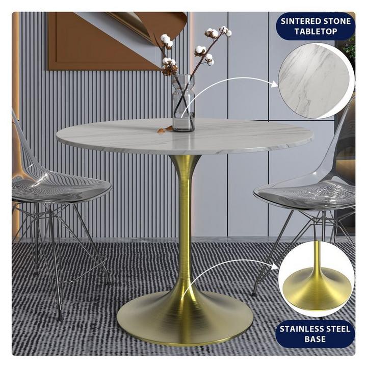 LeisureMod Verve Collection 36 Round Dining Table, Brushed Gold Base with Sintered Stone White Top