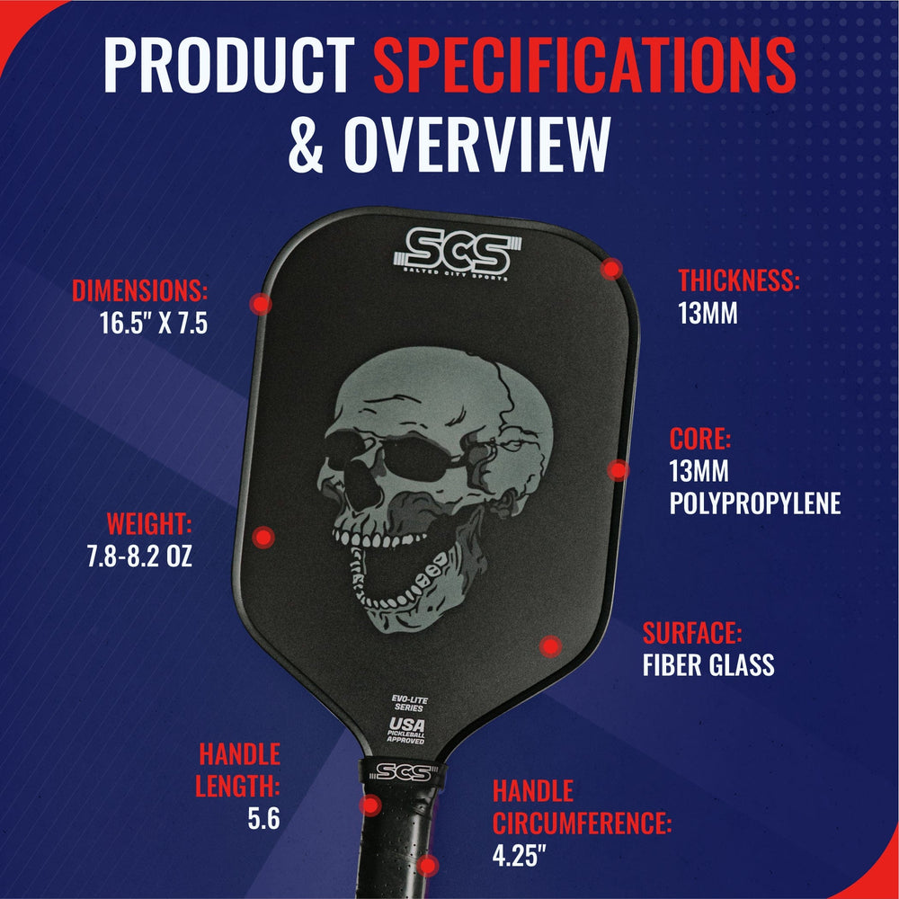 Pickleball paddle with specifications on a blue background.