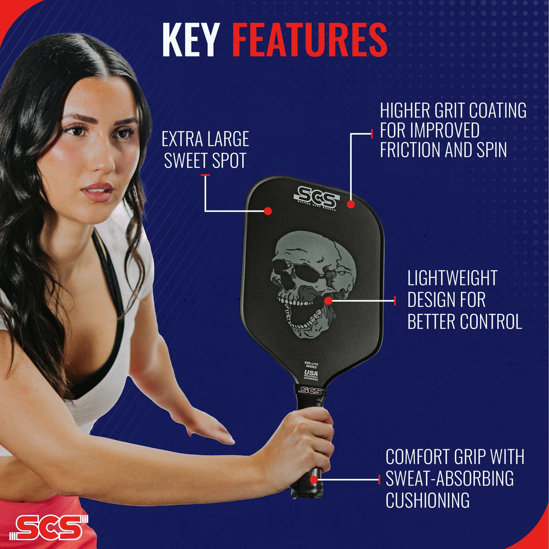 Woman holding a pickleball paddle with key features highlighted on a blue background.