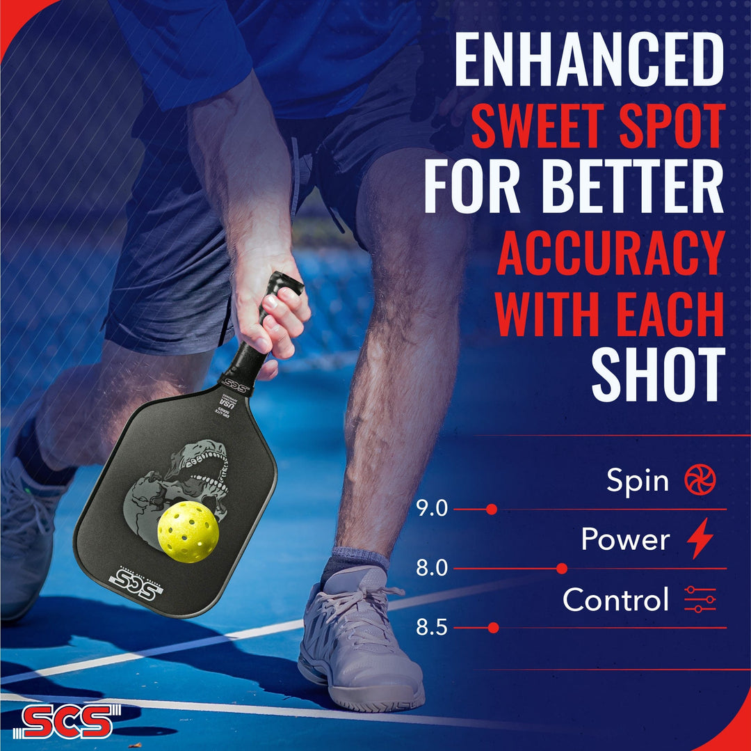 Person holding a pickleball paddle with text about enhanced sweet spot for better accuracy on a blue court.