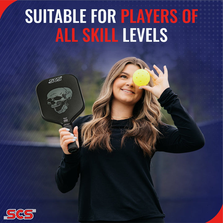 Woman holding a pickleball paddle and ball with 'SCS' branding, suitable for all skill levels.