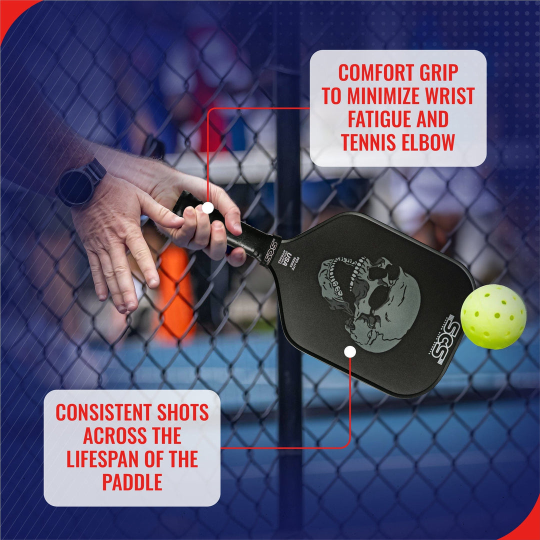 Person holding a pickleball paddle with text about comfort grip and product features, blurred background.