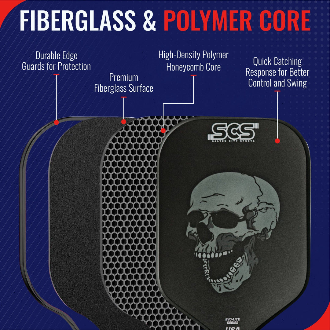 Black darts target with skull design and SCS logo on a blue background, highlighting fiberglass and polymer core features.
