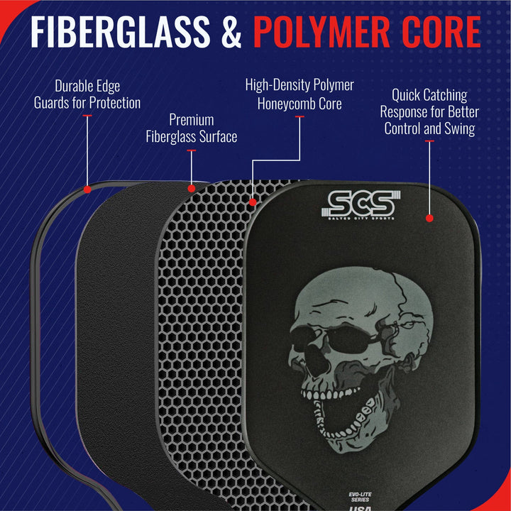 Black darts target with skull design and SCS logo on a blue background, highlighting fiberglass and polymer core features.