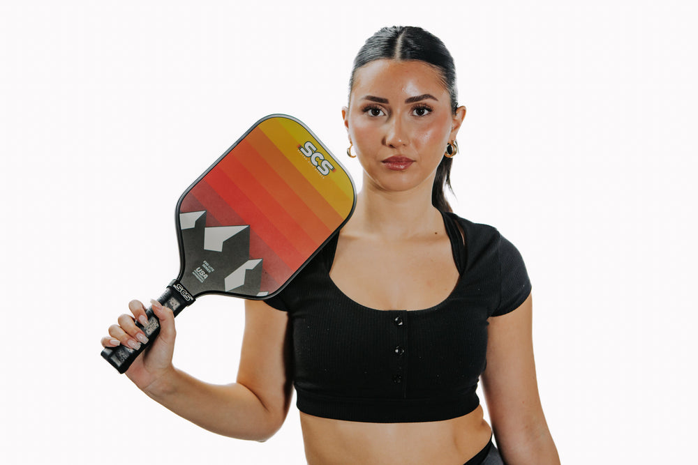 Darkmode Evo-Lite Series Pickleball Paddle with Model.