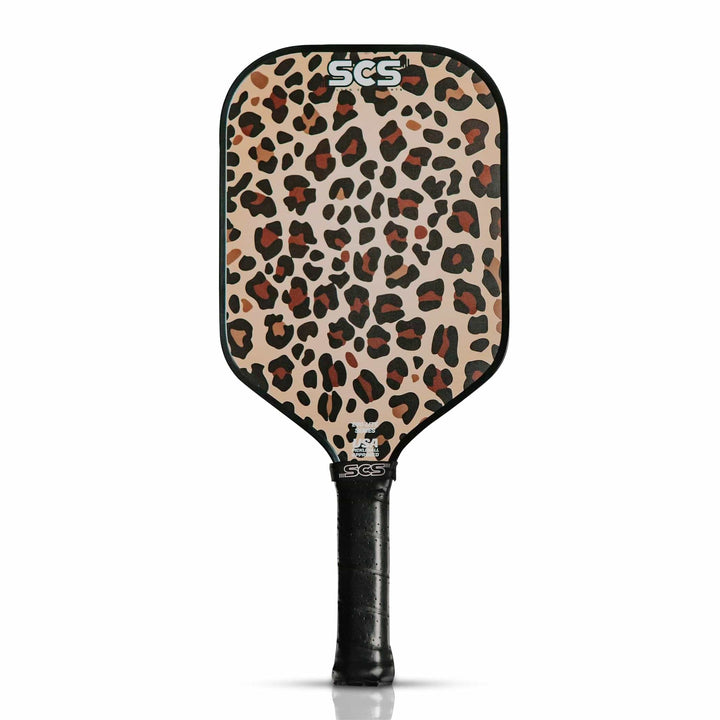 Leopard print pickleball paddle with black handle on a white background.