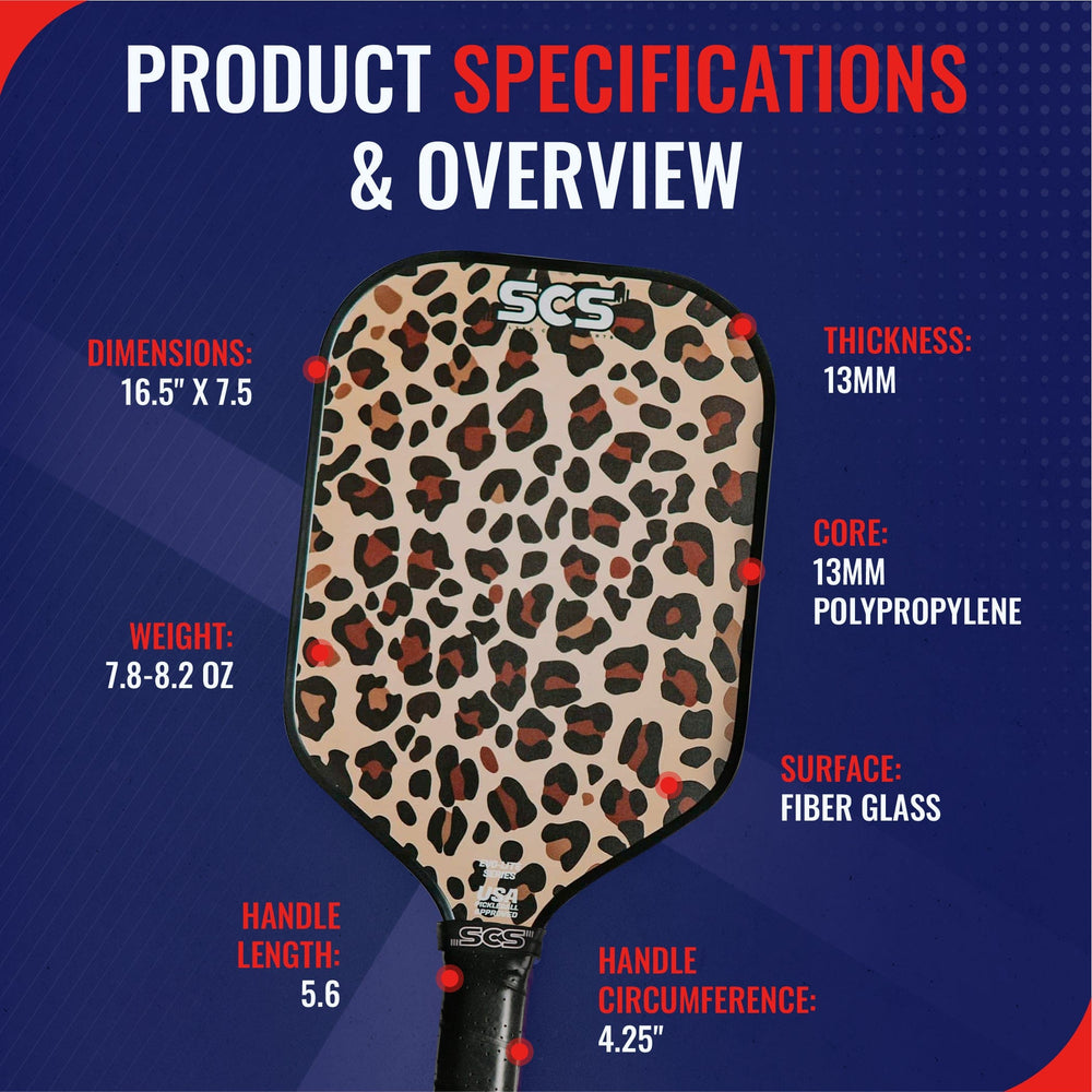 Leopard print pickleball paddle with specifications on a blue background.