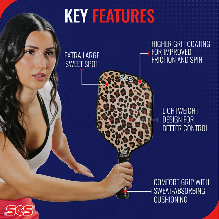Woman holding a leopard print pickleball paddle with feature text on a blue background.