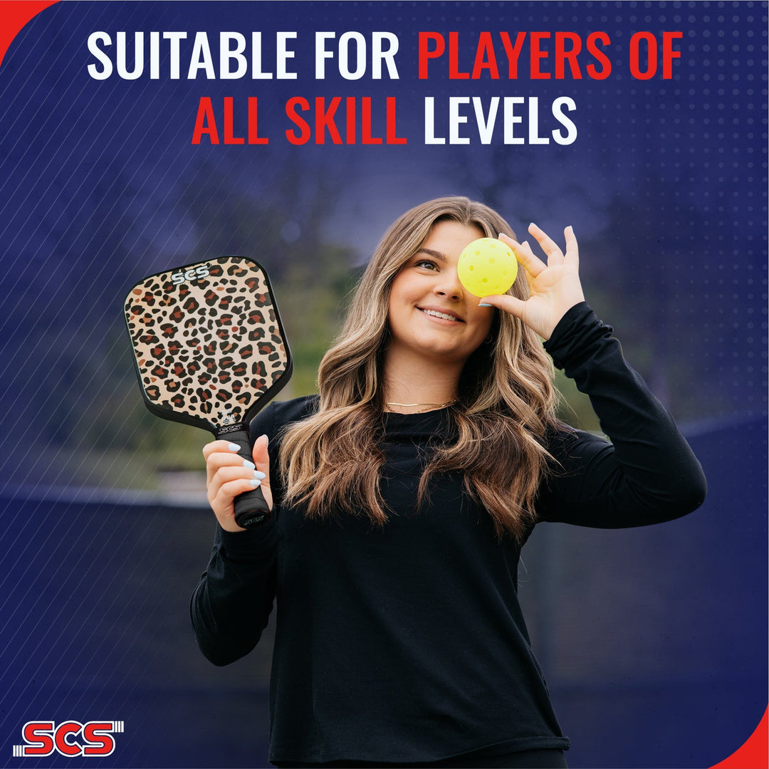 Woman holding a pickleball paddle and ball with text suitable for players of all skill levels and SCS logo.