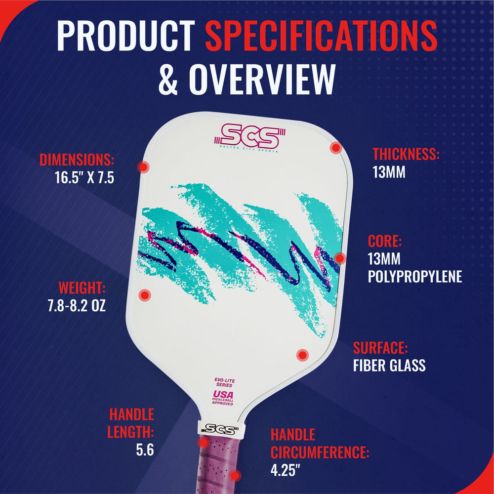 Pickleball paddle with specifications on a blue background.