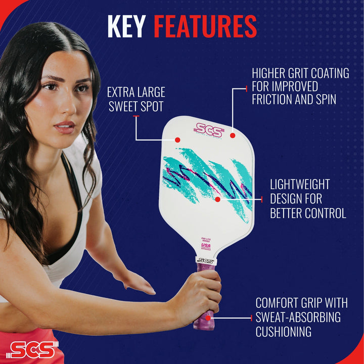 Woman holding a pickleball paddle with SCS branding and feature text on a blue background.