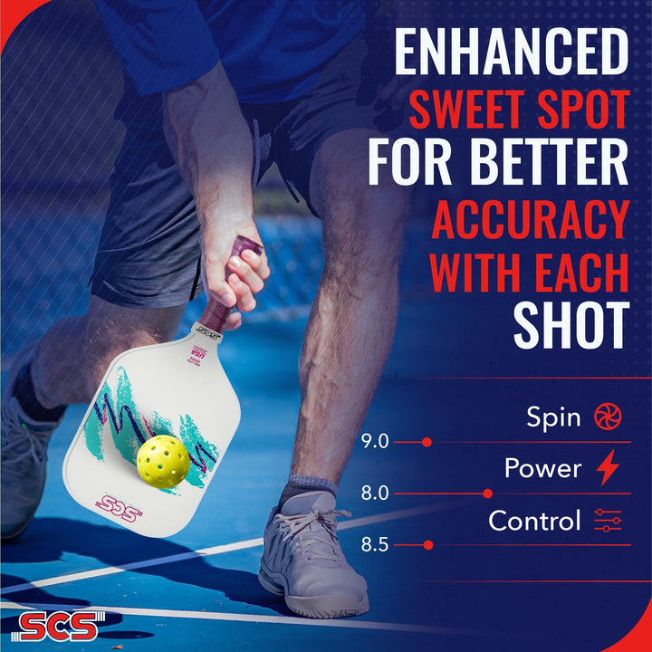 Person holding a pickleball paddle with text about enhanced sweet spot for better accuracy on a blue court.