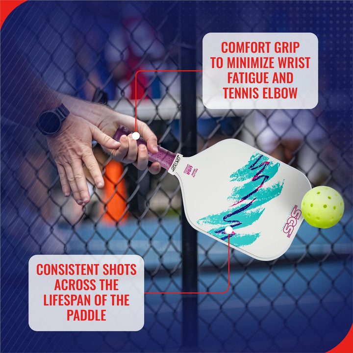 Close-up of a pickleball paddle with text highlighting features, against a blurred sports court background.