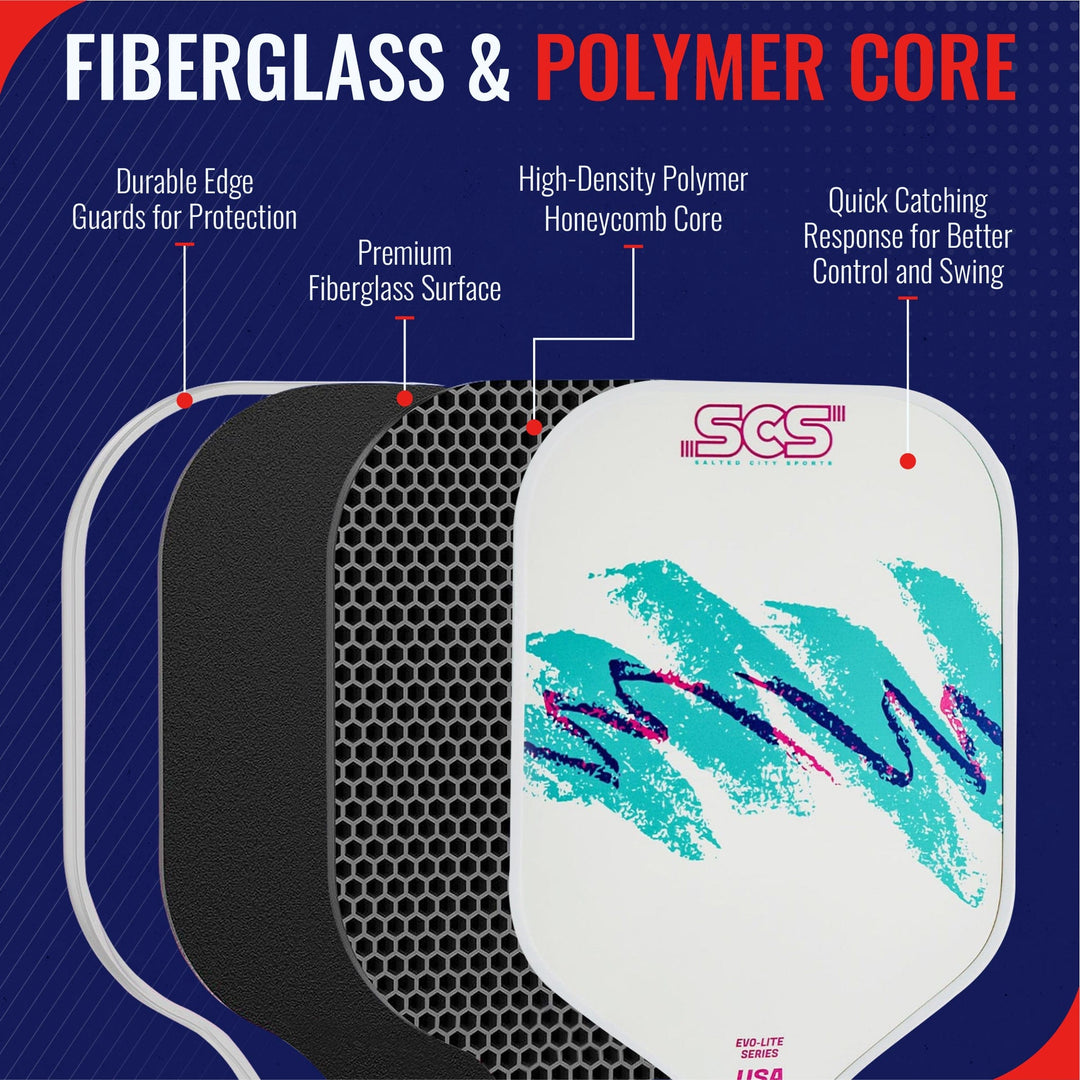 Technical diagram of a paddle with fiberglass and polymer core features on a blue background.
