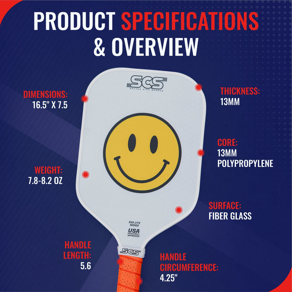 Pickleball paddle with smiley face design on a blue background with specifications.