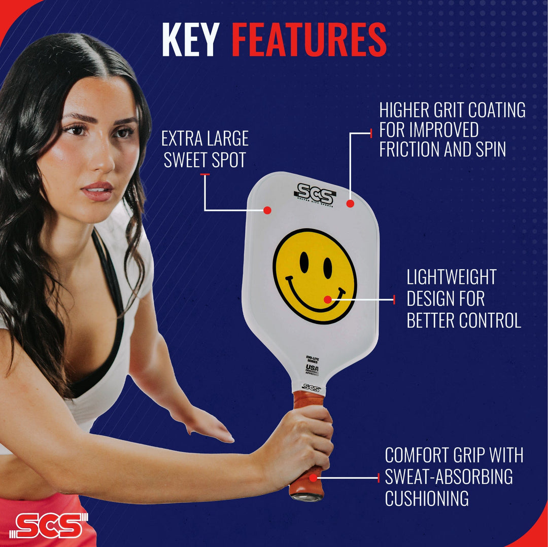 Woman holding a pickleball paddle with key features highlighted on a blue background.