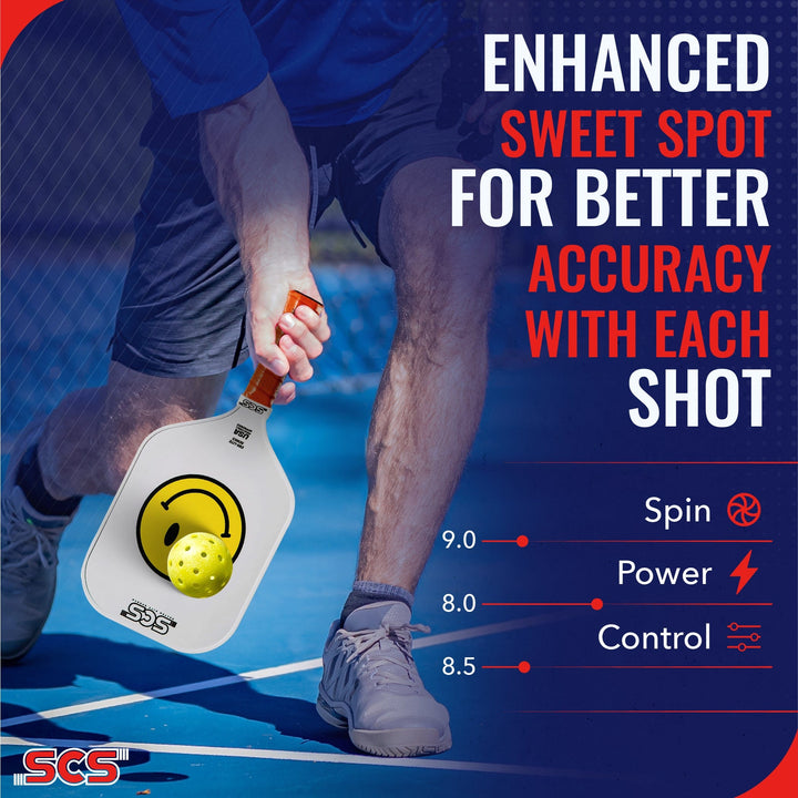 Person holding a paddle with a pickleball on a blue court, promoting better accuracy with each shot.