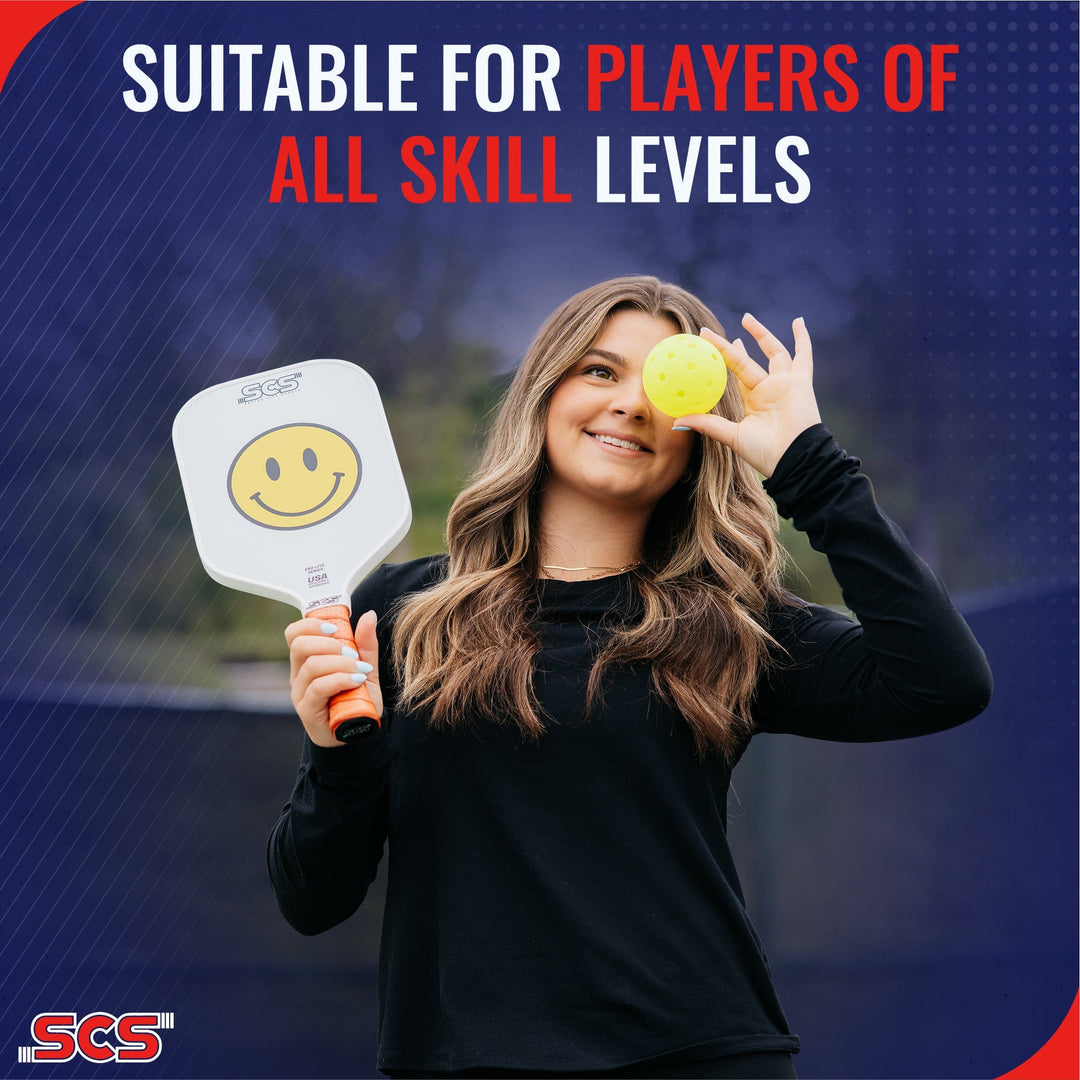 Woman holding a paddle and ball with text suitable for players of all skill levels and SCS logo.