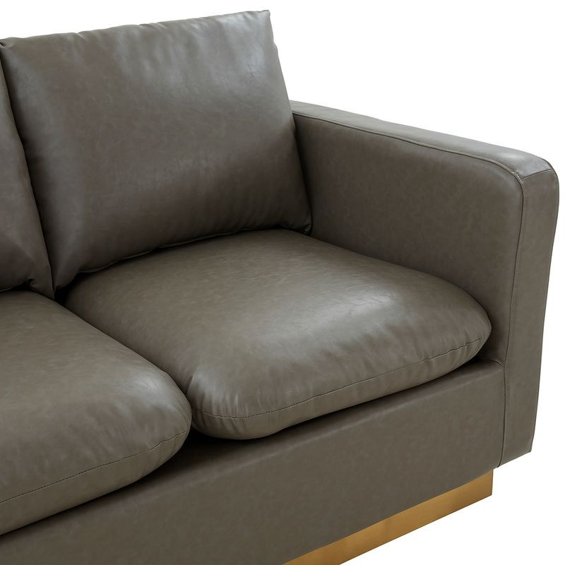 LeisureMod Nervo Modern Mid-Century Upholstered Faux Leather Loveseat with Gold Frame Grey Closeup.