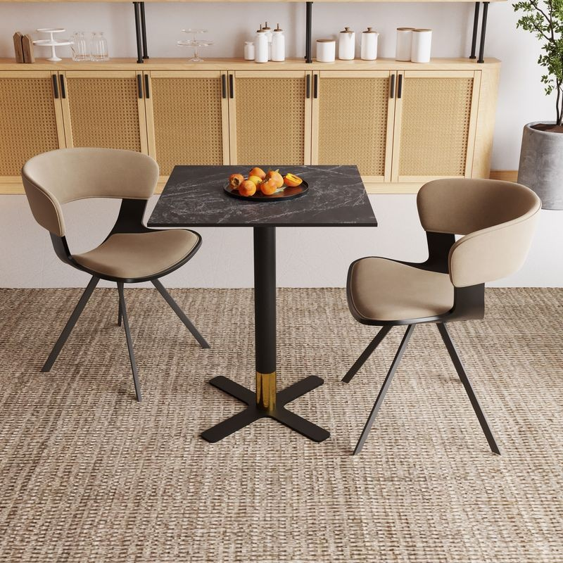 LeisureMod Vail Collection Dining Table Black/Gold X Base With 24" Square Black MDF Top in Room.