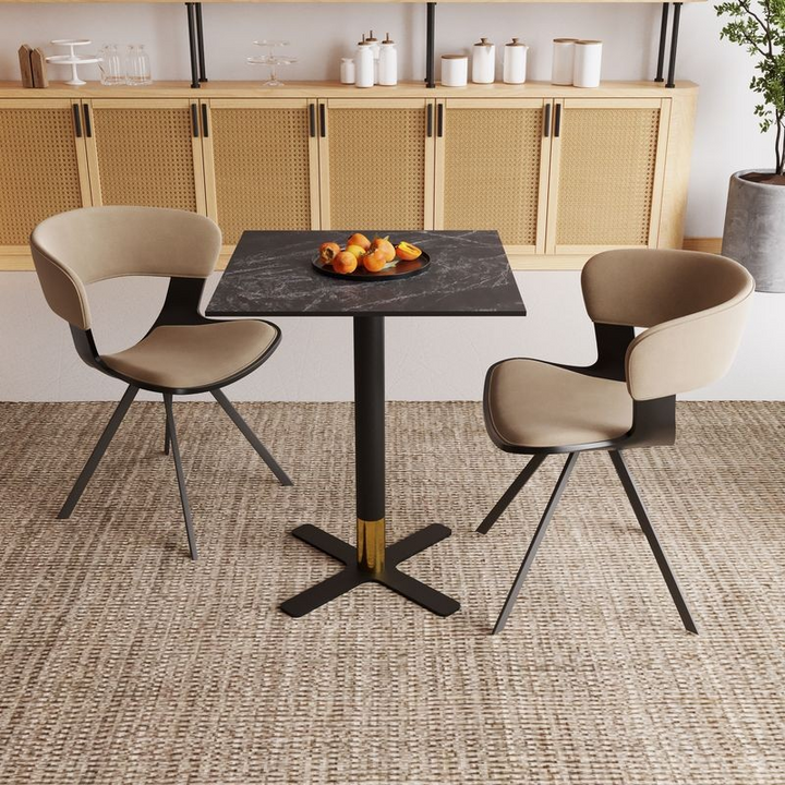 LeisureMod Vail Collection Dining Table Black/Gold X Base With 24" Square Black MDF Top in Room.