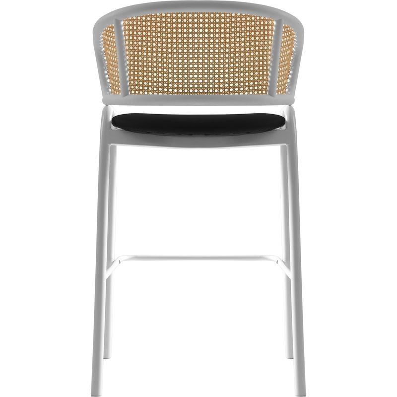 LeisureMod Ervilla Wicker Bar Stool with Fabric Seat and White Steel Frame in Black leather Back View.