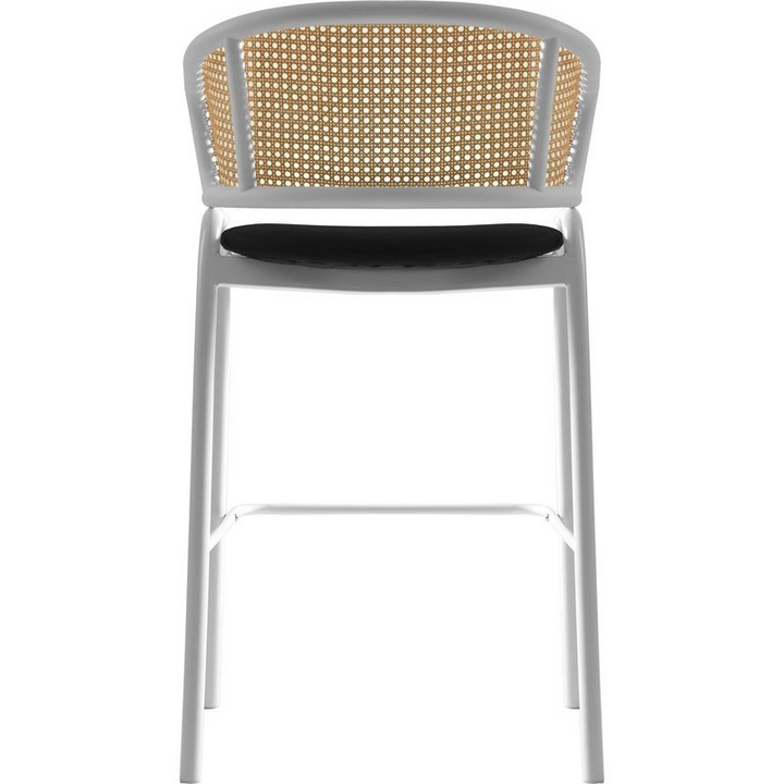 LeisureMod Ervilla Wicker Bar Stool with Fabric Seat and White Steel Frame in Black leather Back View.