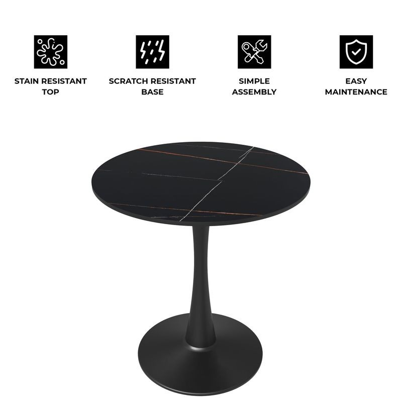 Leisuremod Bristol 27 Round Dining Table Black Base with Black Sintered Stone Top Details.
