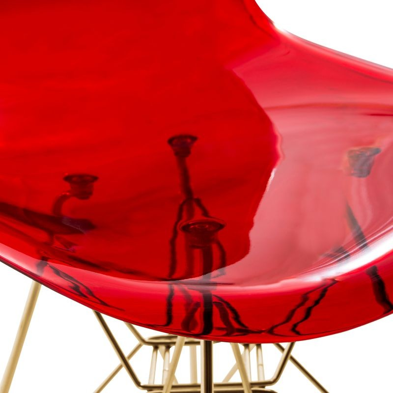 LeisureMod 5-Piece Dining Set with 35" Round Dining Table in White Iron Pedestal Base and 4 ABS Plastic Side Chair with Gold Base Transparent Red Chair Closeup.