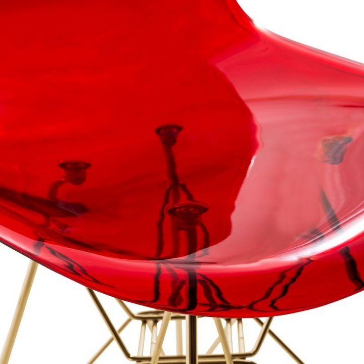 LeisureMod 5-Piece Dining Set with 35" Round Dining Table in White Iron Pedestal Base and 4 ABS Plastic Side Chair with Gold Base Transparent Red Chair Closeup.