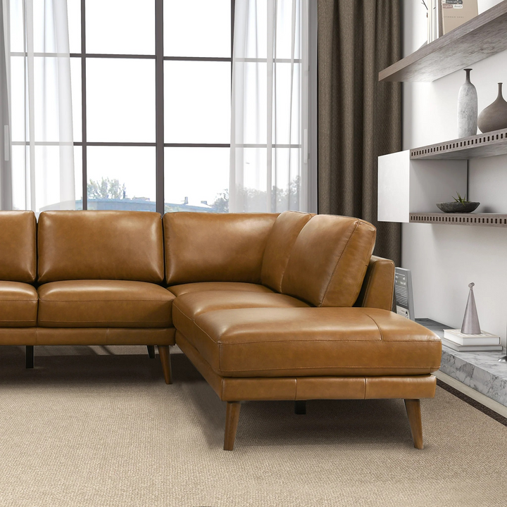 Benson Tan Leather Sectional Sofa Right Facing Chaise Closeup.
