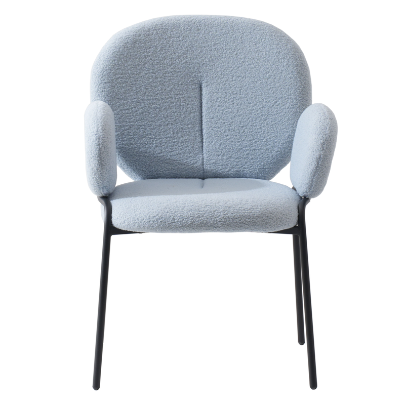 Leisuremod Celestial Series Boucle Dining Armchair with Black Frame and Blue Fabric Front View.