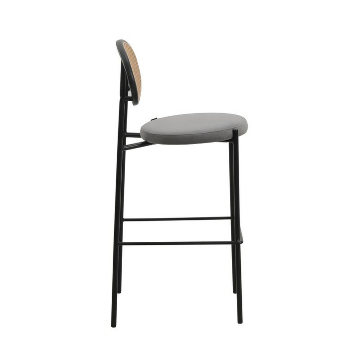 LeisureMod Euston Modern Wicker Bar Stool with Black Steel Frame in Grey Side View.