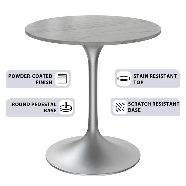LeisureMod Verve Collection 27 Round Dining Table, Brushed Chrome Base with Sintered Stone White Top Details.