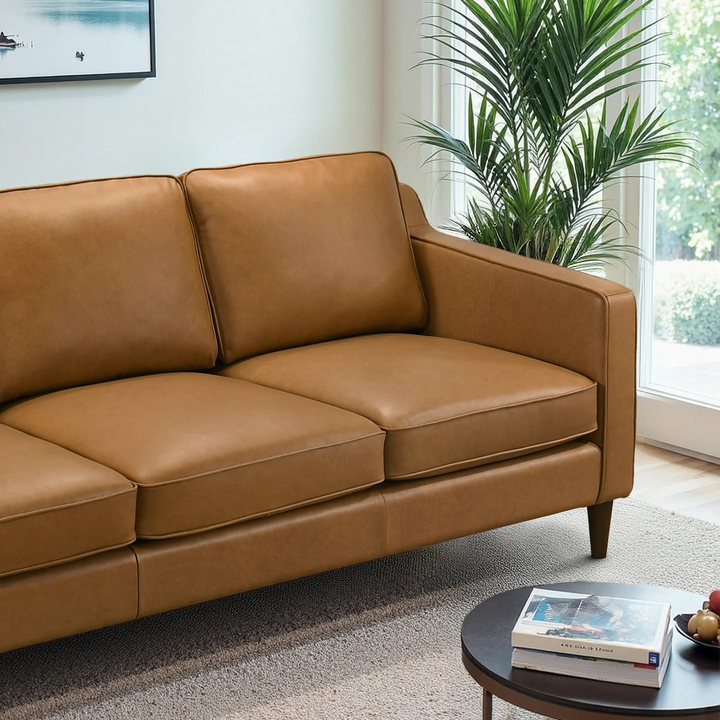 Cooper Mid Century Modern Tan Leather Sofa Closeup.