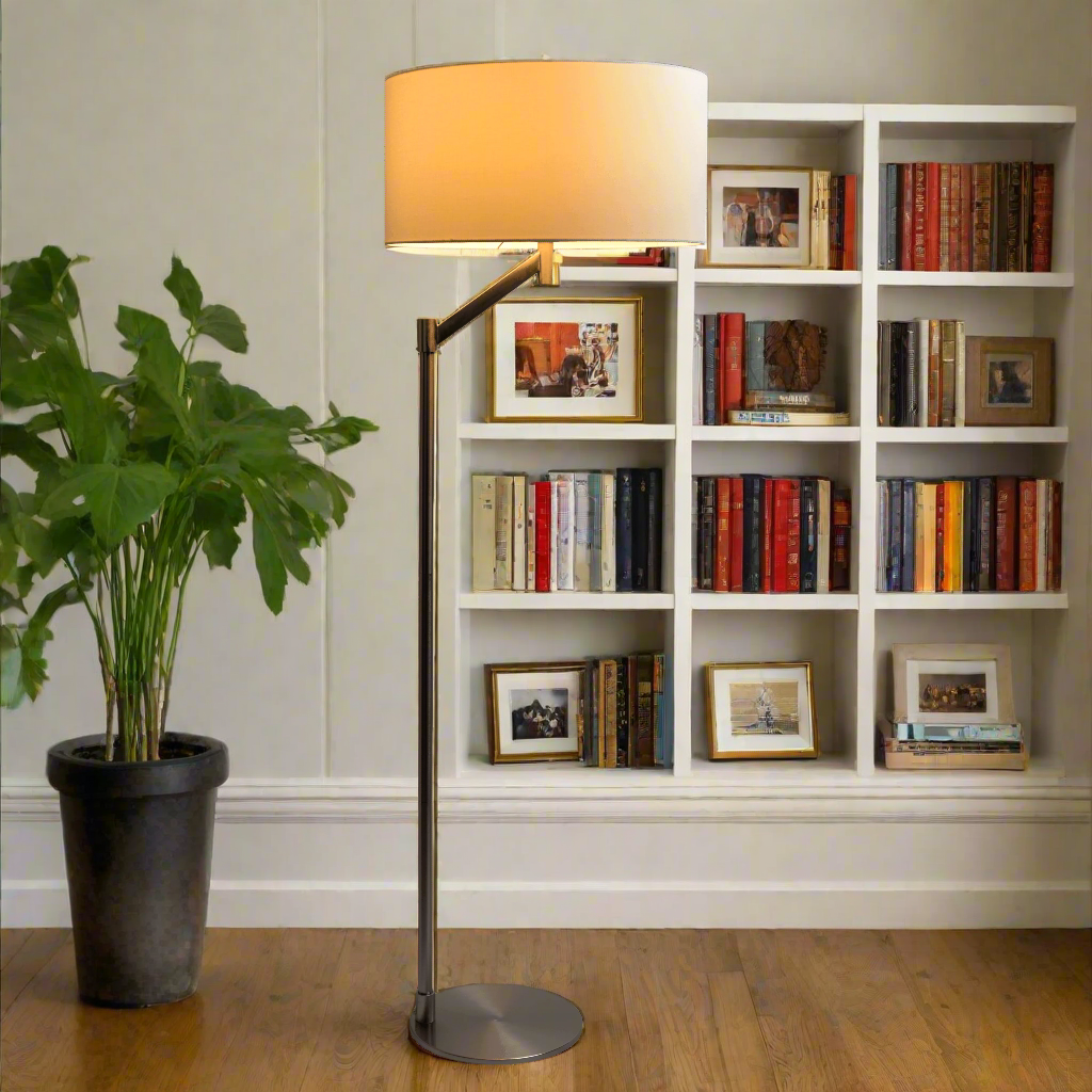 Serene Brushed Nickel Floor Lamp with Rotary Switch Metal Base White Linen Shade Light On.