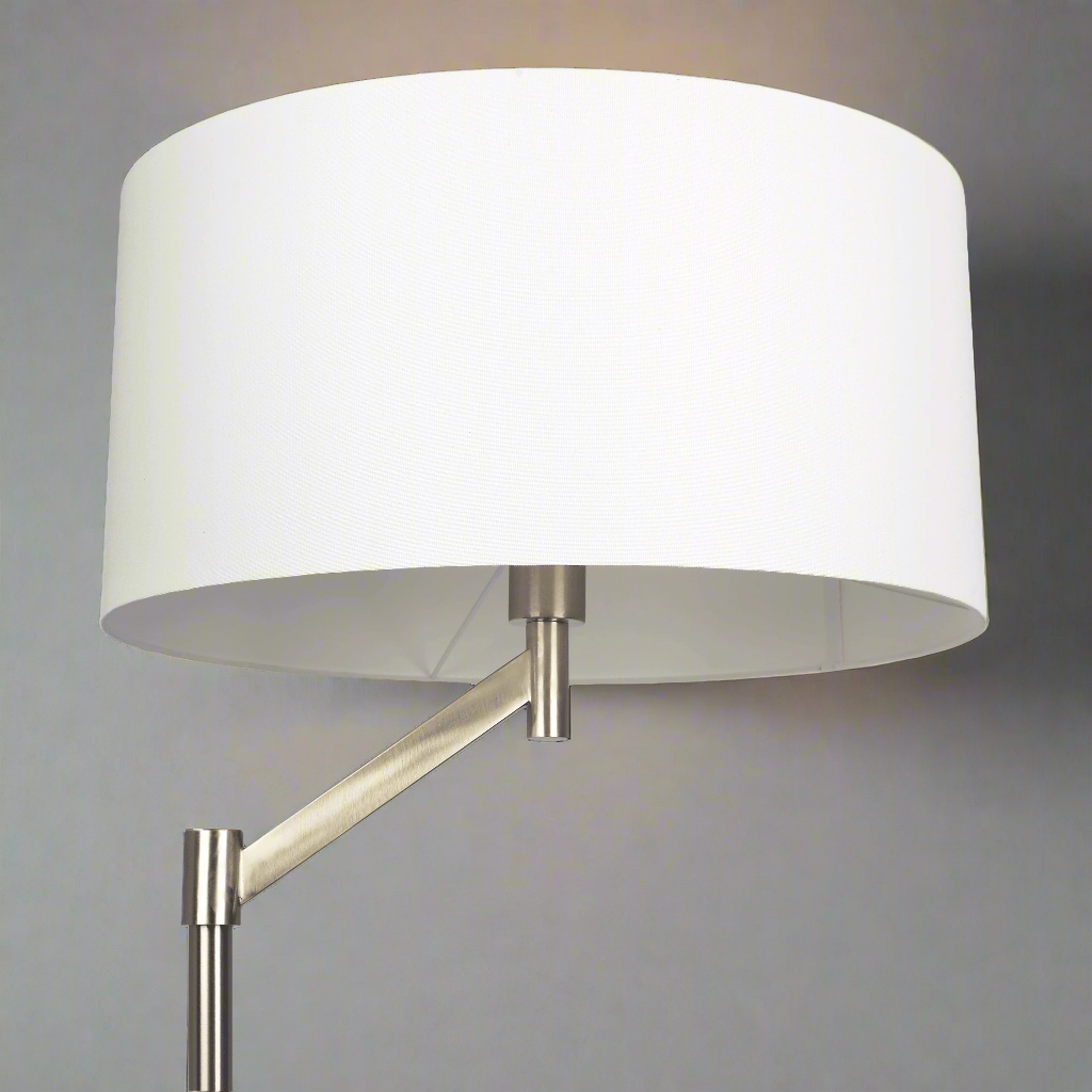 Serene Brushed Nickel Floor Lamp with Rotary Switch Metal Base White Linen Shade View