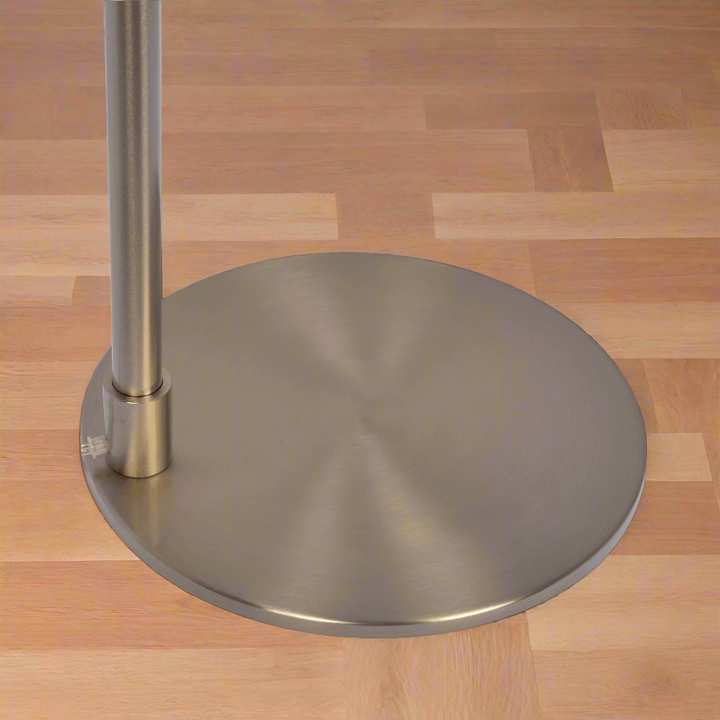 Serene Brushed Nickel Floor Lamp with Rotary Switch Metal Base White Linen Shade Base Photo.