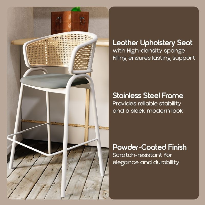 LeisureMod Ervilla Wicker Bar Stool with Fabric Seat and White Steel Frame in Grey Leather Description.