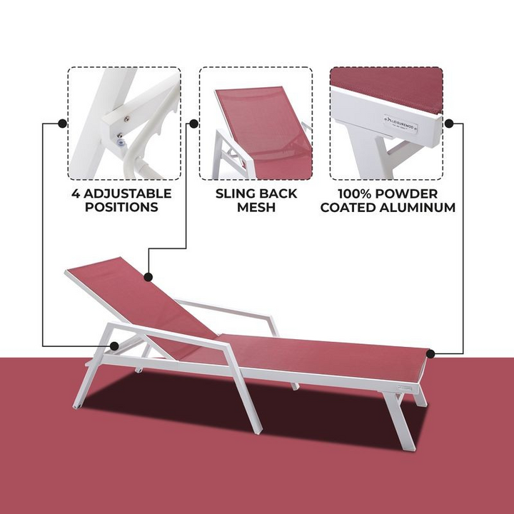 LeisureMod Marlin Patio Chaise Lounge Chair with Armrests in White Aluminum Frame Burgundy Details.