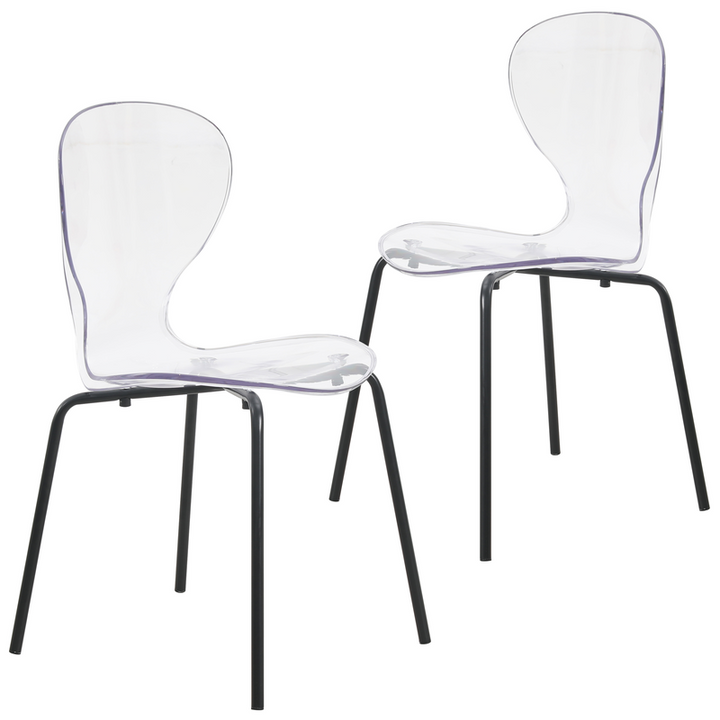 LeisureMod Modern Oyster Transparent Side Chair in Black Base set of 2 Clear.