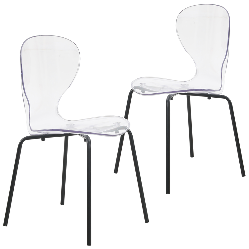 LeisureMod Modern Oyster Transparent Side Chair in Black Base set of 2 Clear.