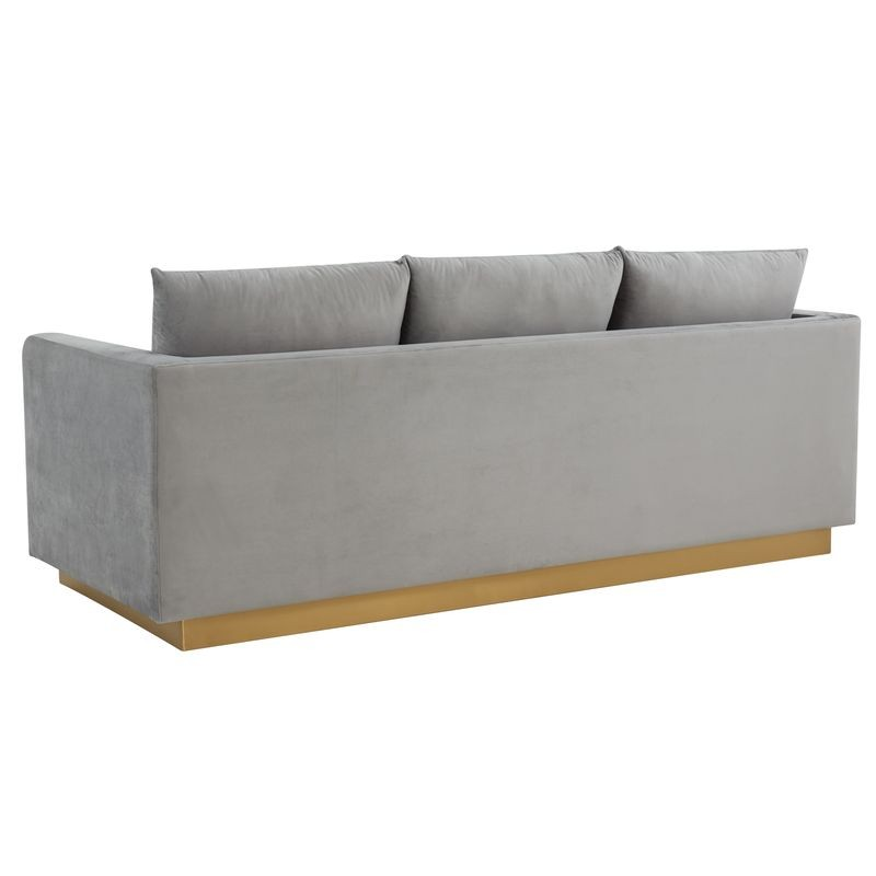 LeisureMod Nervo Modern Mid-Century Upholstered Velvet Sofa with Gold Frame Light Grey Back View.