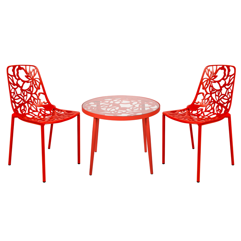 LeisureMod Devon Mid-Century Modern 3-Piece Aluminum Outdoor Patio Dining Set with Tempered Glass Top Table and 2 Stackable Flower Design Chairs Red