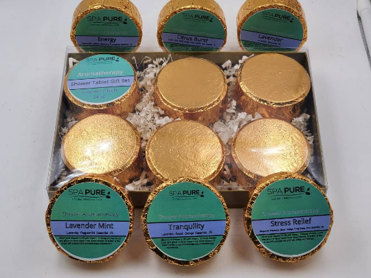 Gift Set with 6 Aromatherapy Shower Tablets - Best Sellers - Gold - 100% Essential Oil Blends